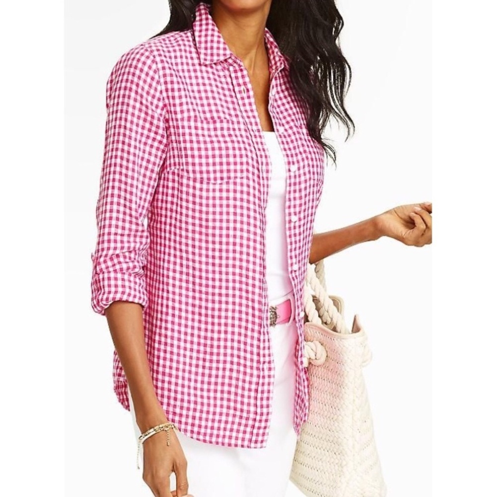 Talbots Pink Gingham Linen Button Down Shirt S - image 1